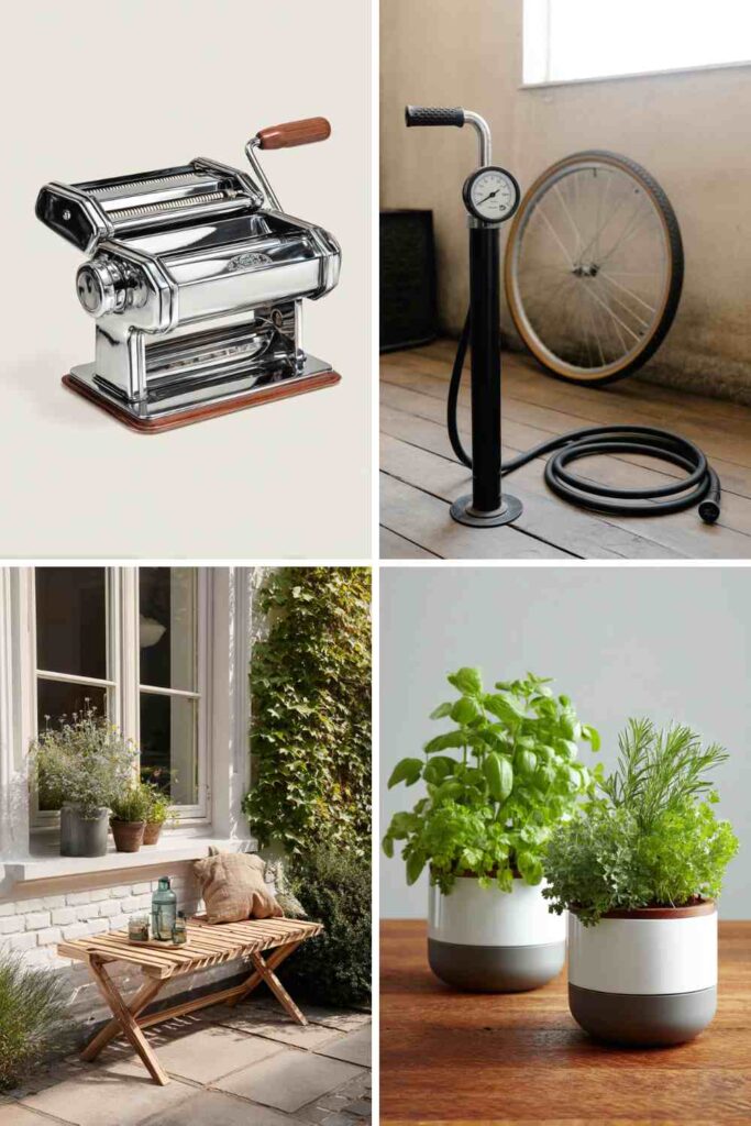 Collage of hobby wedding registry ideas featuring a pasta maker, bike floor pump, window herb garden, and countertop basil and rosemary planters.