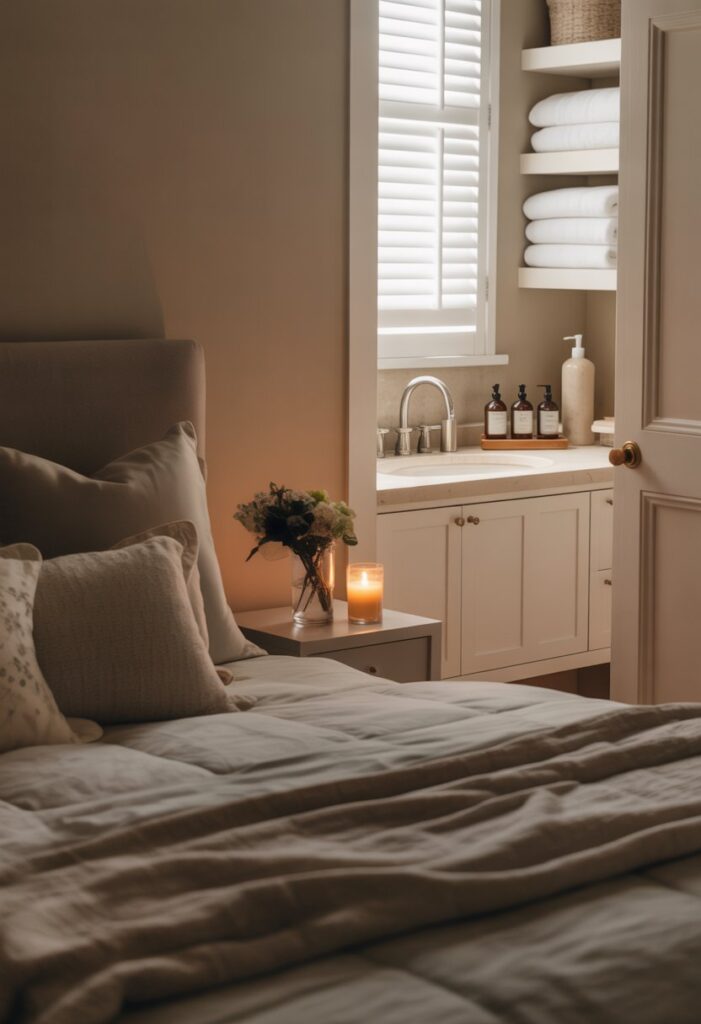 Cozy neutral bedroom with soft bedding, bedside candle, and small floral vase beside a bathroom sink with amber bottles and towels.