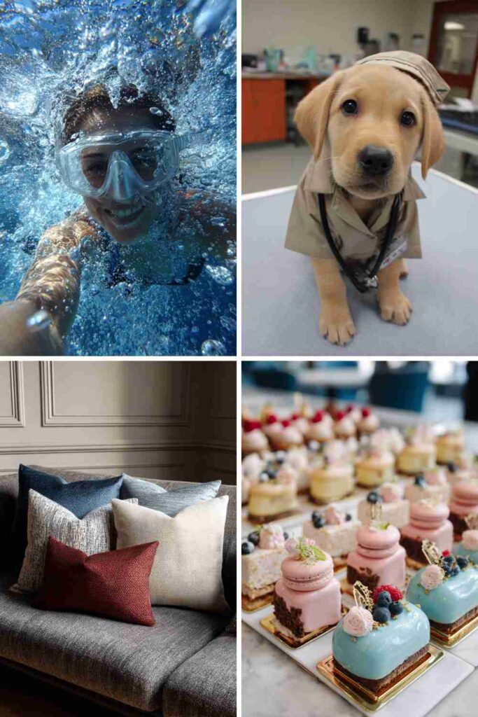 a collage of different images of a dog a diver, pillows and petits fours