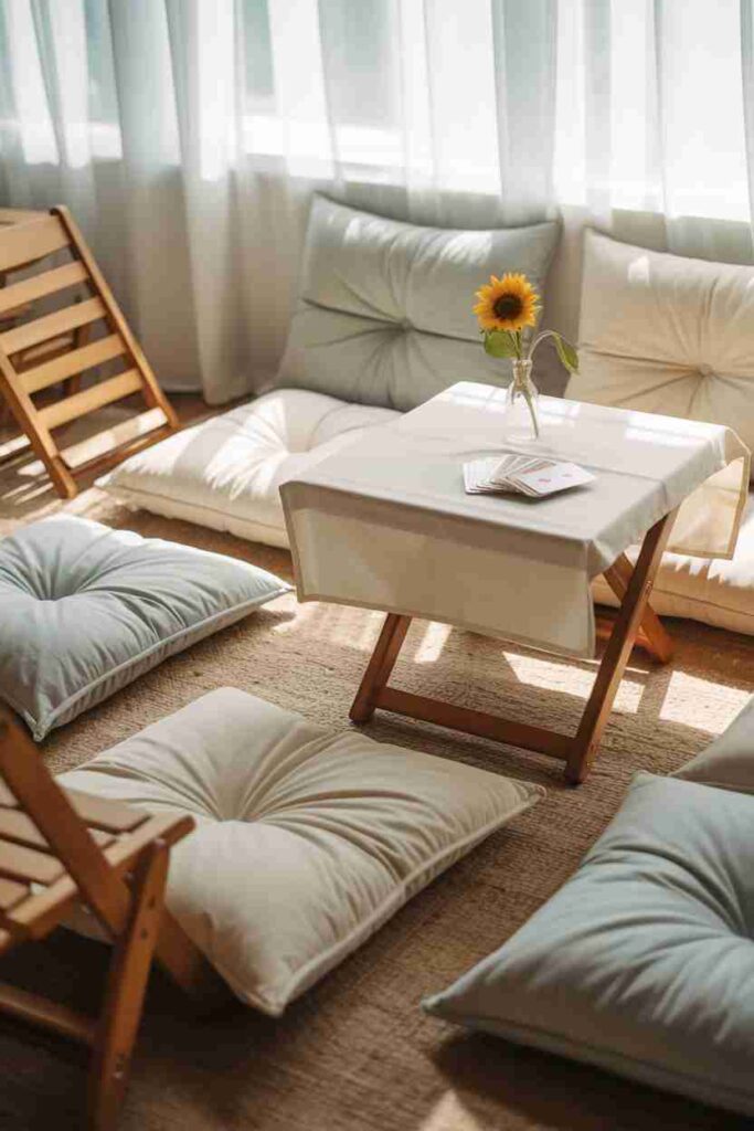 set of lightweight floor cushions and folding chairs (for extra seats), plus a foldable card table