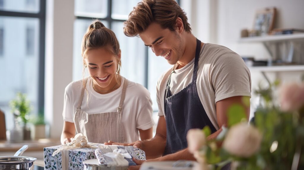 Smiling couple in aprons unwrapping gifts together in a bright kitchen, capturing the joy of building their wedding registry.
