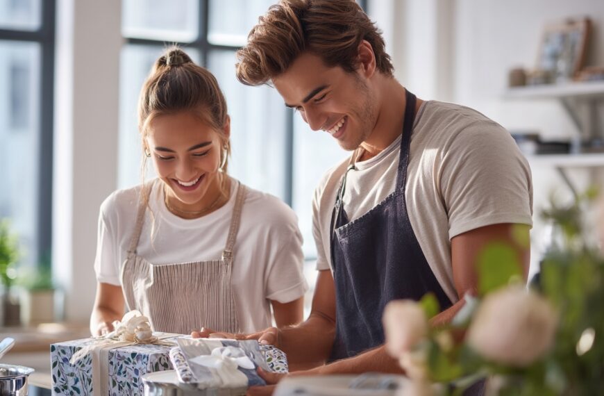 Wedding Planning 3 Smiling couple in aprons unwrapping gifts together in a bright kitchen, capturing the joy of building their wedding registry.