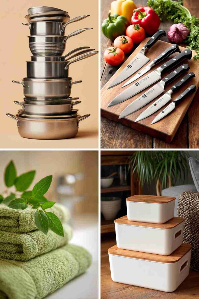 a collage of kitchen utensils