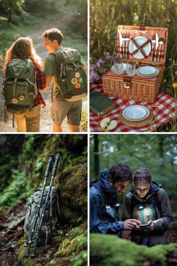 Collage of outdoor adventure registry ideas including hiking backpacks, picnic basket, trekking poles, and couple using headlamps