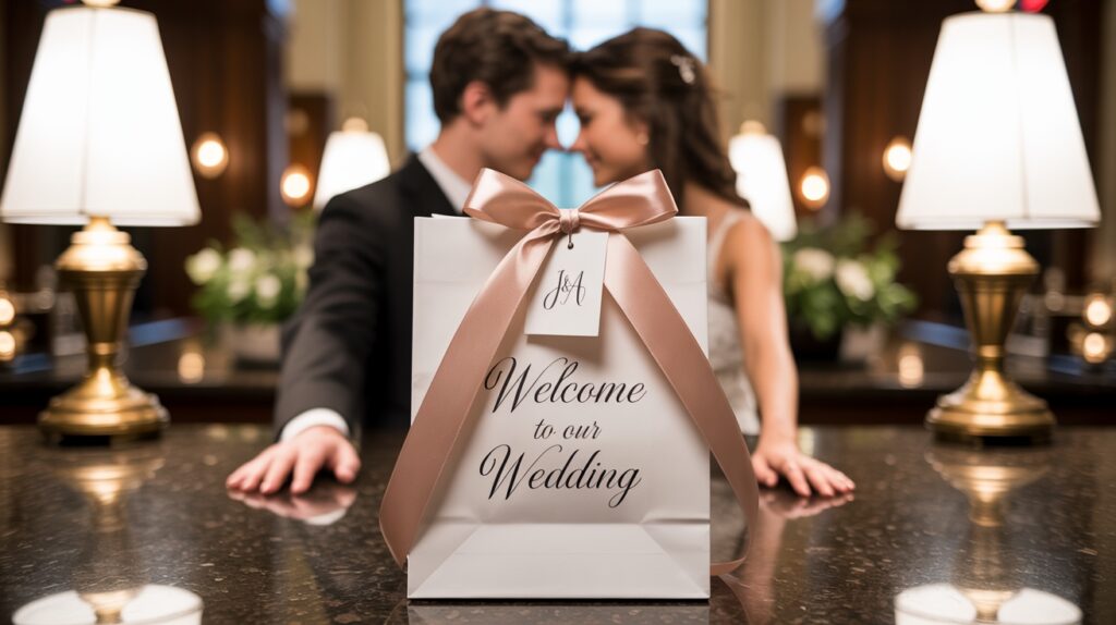 a man and woman in a suit and white dress with a gift bag
