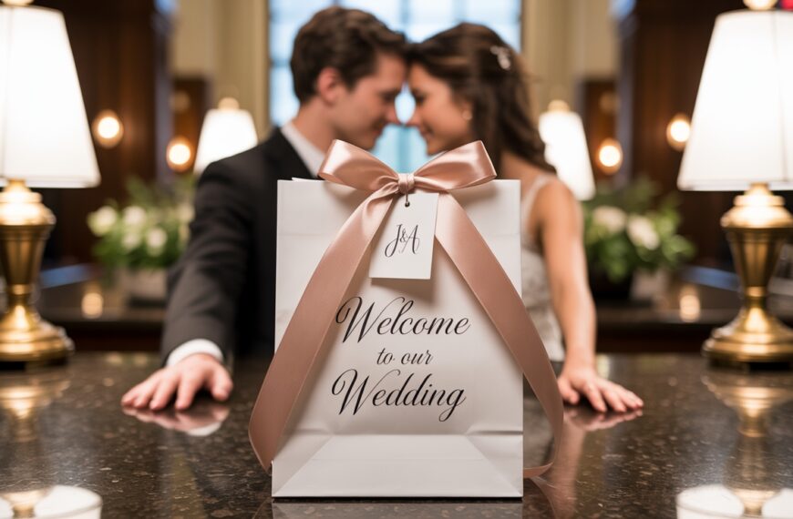 a man and woman in a suit and white dress with a gift bag