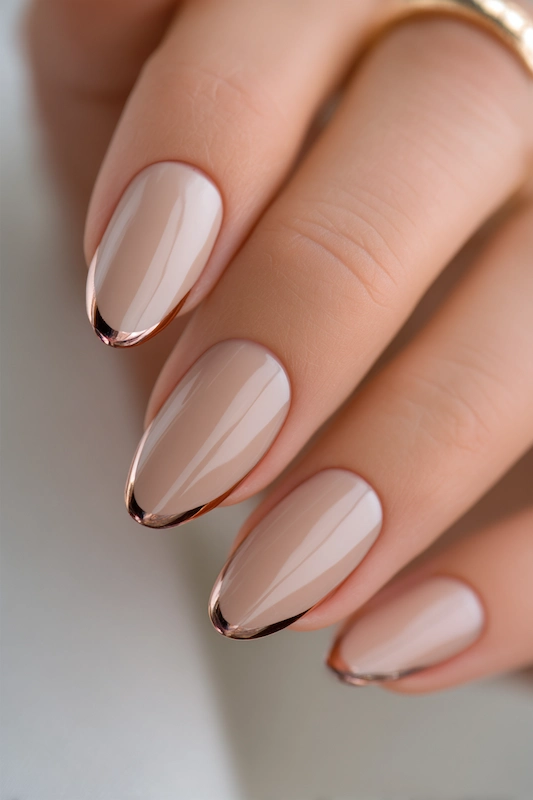Almond-shaped wedding nails with a warm beige base and a glossy rose gold French tip, creating a timeless, elegant bridal look Almond-shaped wedding nails with a warm beige base and a glossy rose gold French tip, creating a timeless, elegant bridal look