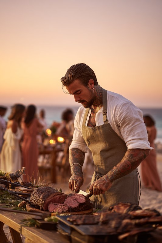 Bearded chef with tattoos carving roast beef at an outdoor beach wedding reception during sunset.