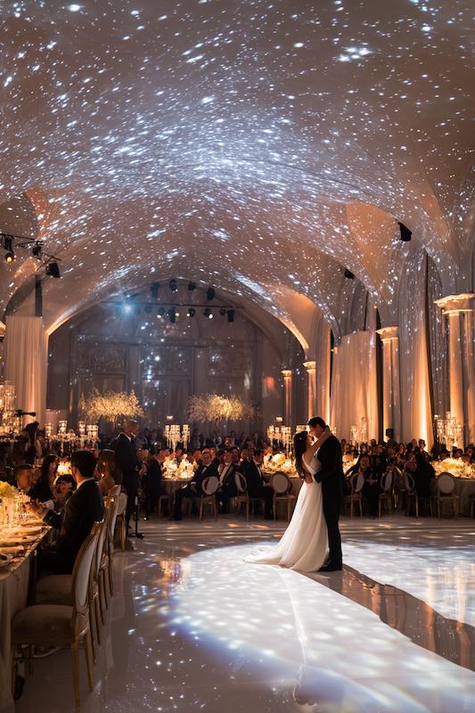 Bride and groom sharing their first dance under a starry light projection, with guests seated at elegant candlelit tables in a grand ballroom.