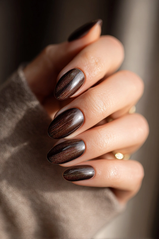 Cat-eye magnetic shimmer nails in rich brown tones, creating a sleek and elegant design with a luxurious sheen, perfect for a fall or winter wedding Cat-eye magnetic shimmer nails in rich brown tones, creating a sleek and elegant design with a luxurious sheen, perfect for a fall or winter wedding