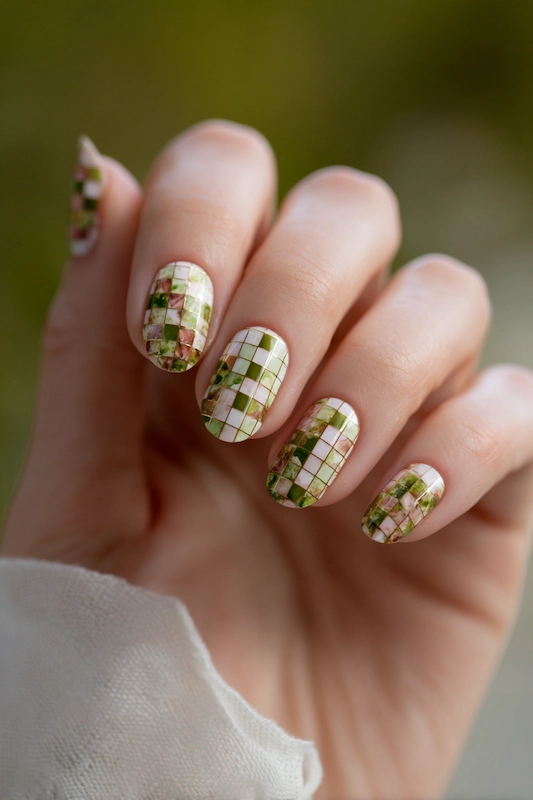 Chic checkerboard pattern nails with soft pink and green hues, creating a unique and artistic look perfect for a modern, nature-inspired wedding Chic checkerboard pattern nails with soft pink and green hues, creating a unique and artistic look perfect for a modern, nature-inspired wedding