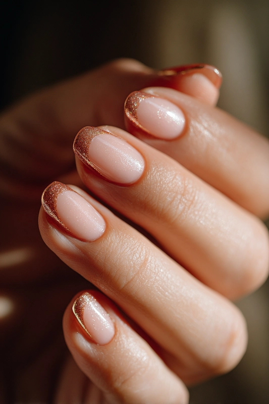 Cinnamon French tips with a subtle golden shimmer, creating an elegant and warm bridal nail design. Perfect for a soft, modern wedding look Cinnamon French tips with a subtle golden shimmer, creating an elegant and warm bridal nail design. Perfect for a soft, modern wedding look