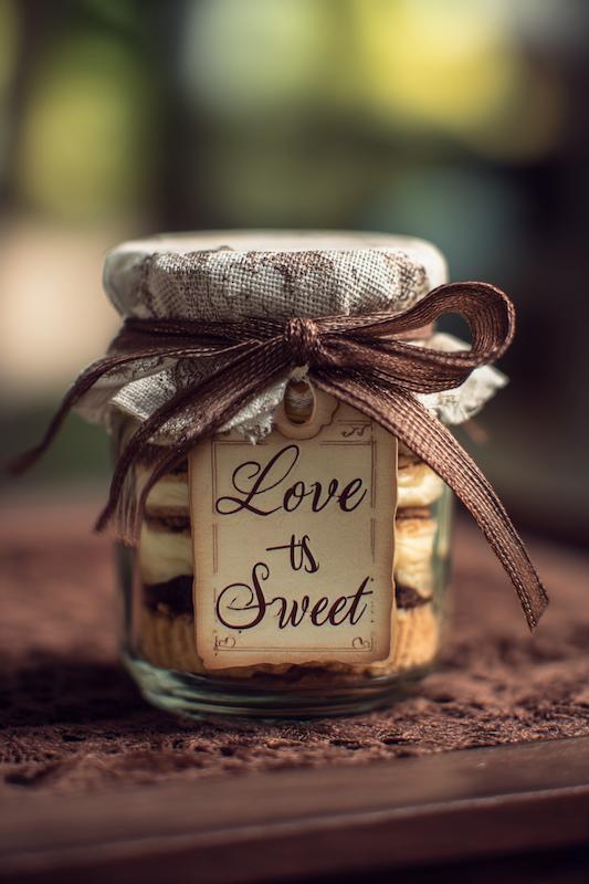 Close-up of a wedding favor jar filled with layered treats, wrapped in fabric and tied with a ribbon labeled “Love is Sweet.”