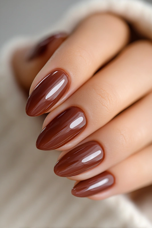 Close-up of almond-shaped nails with rich chocolate brown polish, glossy finish, and natural light highlighting the sleek appearance Close-up of almond-shaped nails with rich chocolate brown polish, glossy finish, and natural light highlighting the sleek appearance