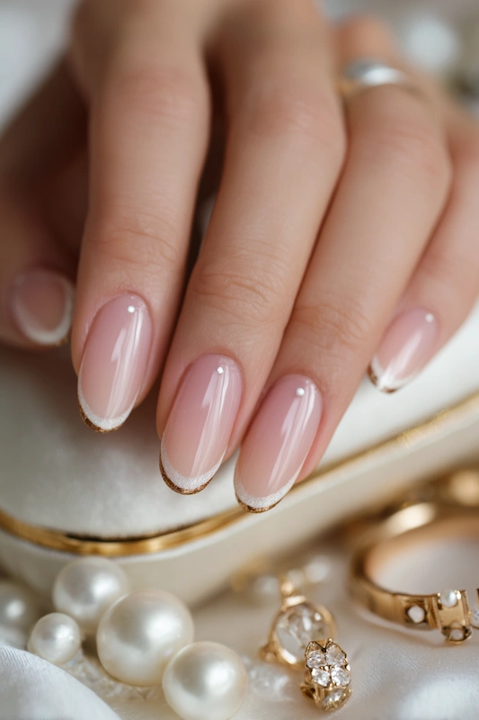 Close-up of almond-shaped wedding nails with soft pink base, espresso French tips, and a single pearl accent, complemented by gold rings and jewelry Close-up of almond-shaped wedding nails with soft pink base, espresso French tips, and a single pearl accent, complemented by gold rings and jewelry
