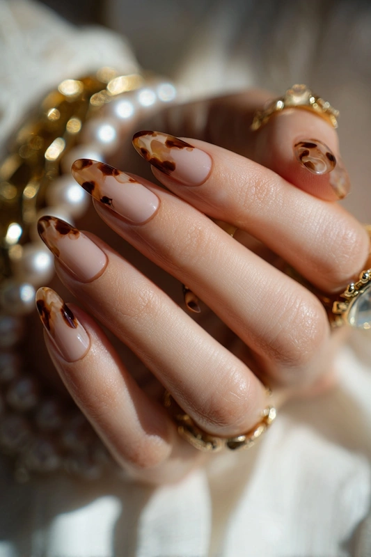 Close-up of finger with cinnamon mocha French manicure, delicate gold foil outlining, glossy finish, and soft natural lighting Close-up of finger with cinnamon mocha French manicure, delicate gold foil outlining, glossy finish, and soft natural lighting