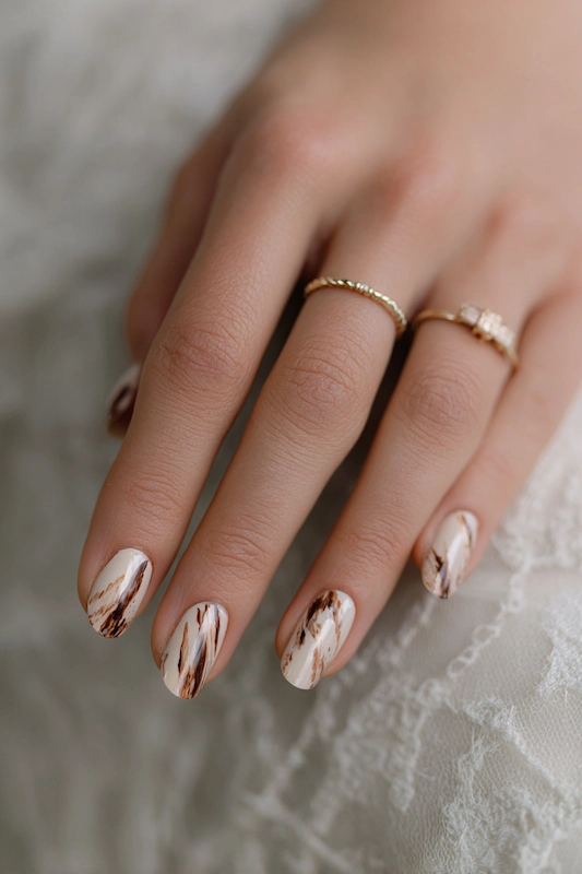 Creamy caramel base nails with delicate marble veining in brown and beige, offering a sophisticated and elegant bridal look. Perfect for a refined wedding style. Creamy caramel base nails with delicate marble veining in brown and beige, offering a sophisticated and elegant bridal look. Perfect for a refined wedding style.