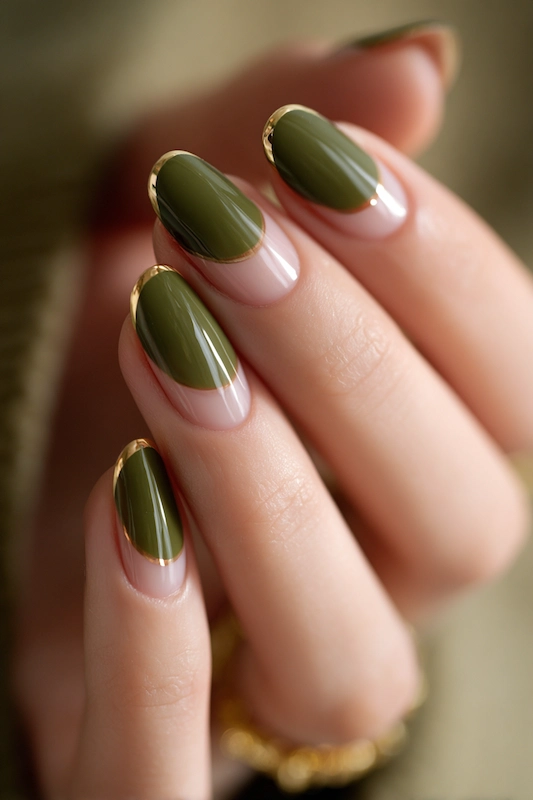 Moss green French nails with a delicate gold crescent at the cuticle, perfect for an elegant fall wedding look Moss green French nails with a delicate gold crescent at the cuticle, perfect for an elegant fall wedding look