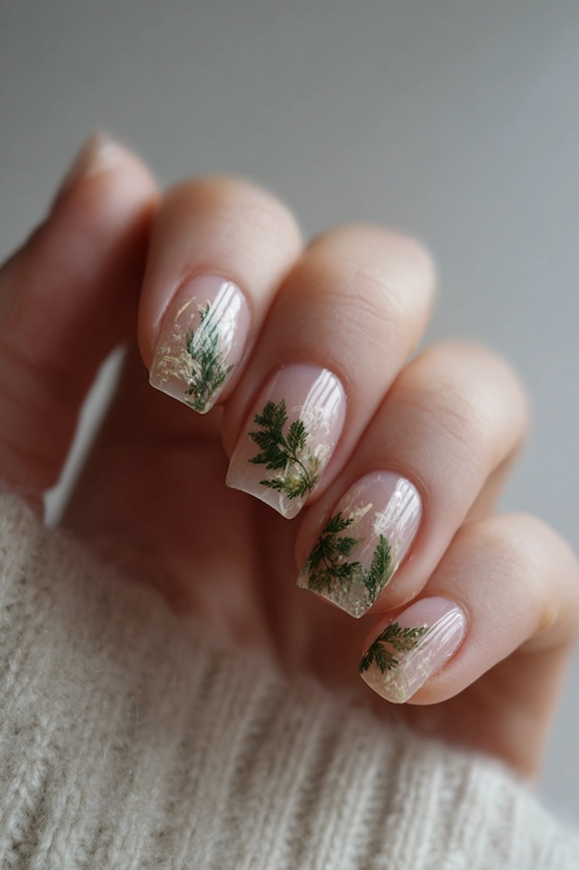 Pressed leaf accents on a sheer beige base, creating a delicate, nature-inspired wedding nail design. Perfect for a rustic or botanical-themed celebration Pressed leaf accents on a sheer beige base, creating a delicate, nature-inspired wedding nail design. Perfect for a rustic or botanical-themed celebration