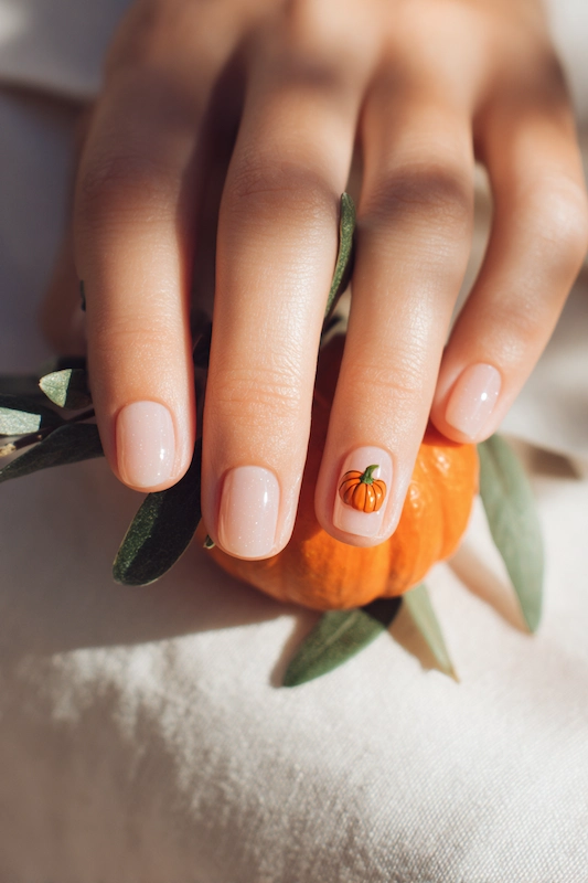 Soft milky pink nails with a tiny pumpkin detail on one finger, perfect for a subtle autumn wedding touch Soft milky pink nails with a tiny pumpkin detail on one finger, perfect for a subtle autumn wedding touch