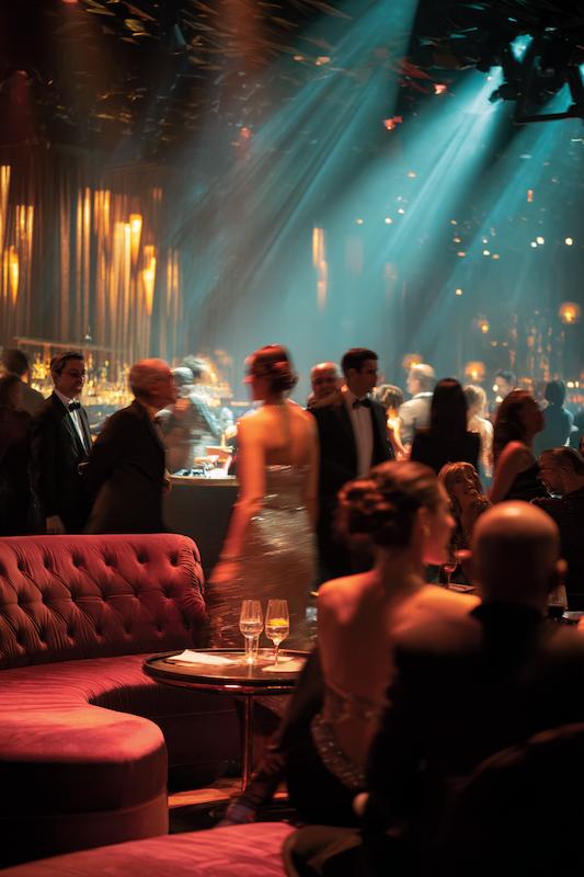 Wedding guests in glamorous evening attire mingling and dancing under soft spotlights in a chic lounge-style reception with velvet seating and champagne glasses.