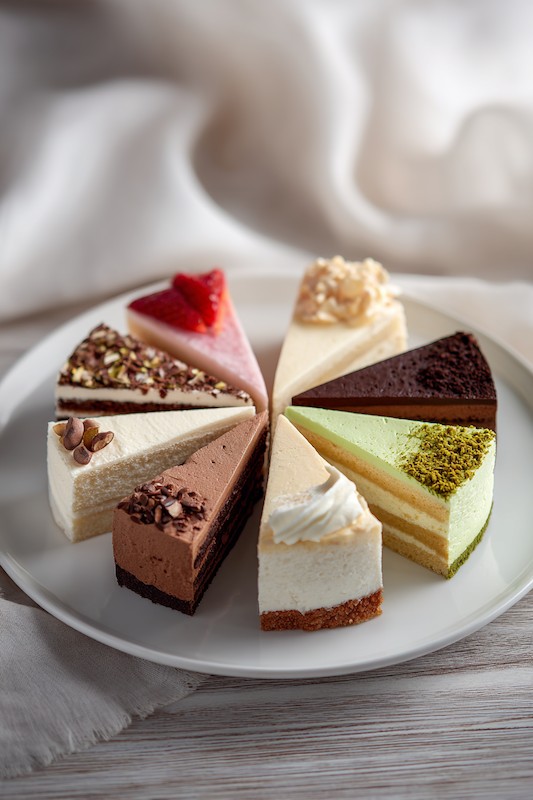 Wedding Tasting: What You Need to Know 4 round white plate with eight assorted wedding cake slices arranged in a circle, featuring flavors like chocolate, vanilla, strawberry, hazelnut, pistachio, and cheesecake, each decorated with toppings such as nuts, cocoa powder, whipped cream, and fruit