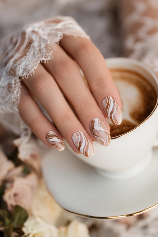 Caramel Latte Swirl Marble Full Set — soft almond nails with creamy beige, caramel swirls, and subtle espresso veining for a chic bridal look. Caramel Latte Swirl Marble Full Set — soft almond nails with creamy beige, caramel swirls, and subtle espresso veining for a chic bridal look.