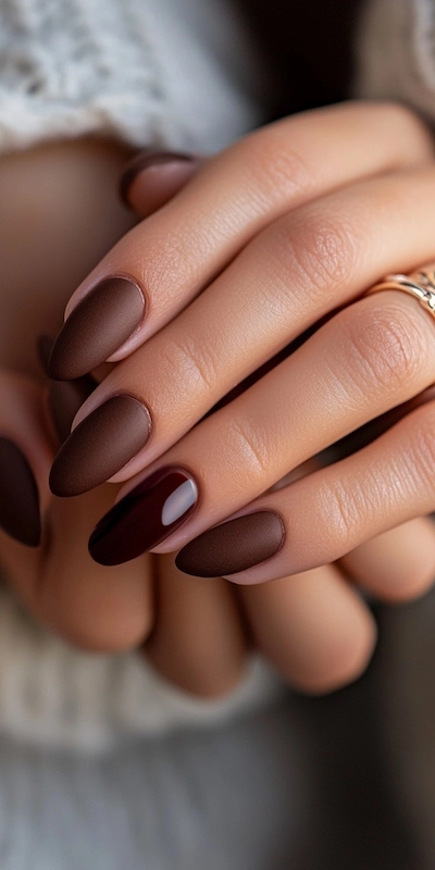 Chocolate brown matte almond nails with one glossy accent nail, creating a chic contrast perfect for fall or winter weddings Chocolate brown matte almond nails with one glossy accent nail, creating a chic contrast perfect for fall or winter weddings