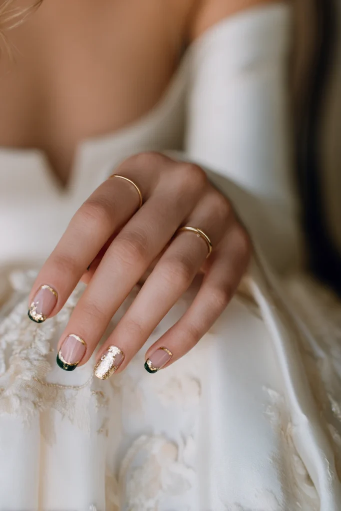 Close-up of a hand with elegant gold and green French tip nails, wearing thin gold rings, resting on an embroidered white fabric Close-up of a hand with elegant gold and green French tip nails, wearing thin gold rings, resting on an embroidered white fabric