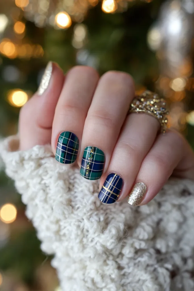 Close-up of a hand with festive plaid nail art in navy, green, and gold, accented with glitter and rhinestones, against a cozy cream knit fabric and warm holiday lights. Close-up of a hand with festive plaid nail art in navy, green, and gold, accented with glitter and rhinestones, against a cozy cream knit fabric and warm holiday lights.