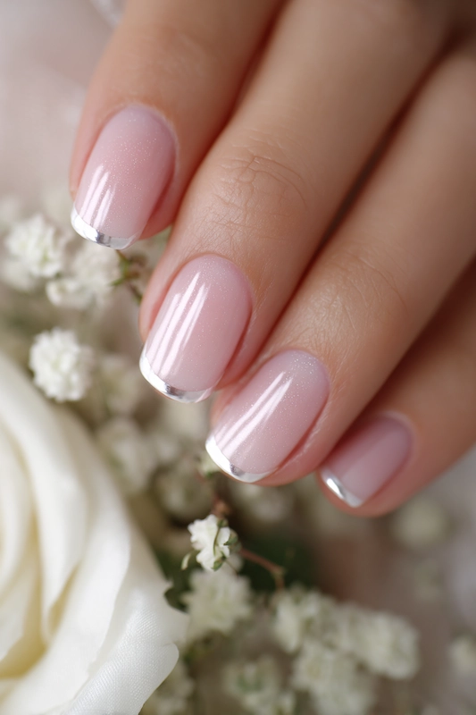 Close-up of a hand with glossy pale pink nails featuring silver chrome French tips, surrounded by white flowers Close-up of a hand with glossy pale pink nails featuring silver chrome French tips, surrounded by white flowers