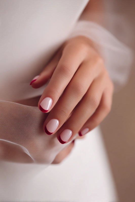 Close-up of a hand with short, rounded nails painted light pink with deep red French tips, gently holding sheer white fabric Close-up of a hand with short, rounded nails painted light pink with deep red French tips, gently holding sheer white fabric