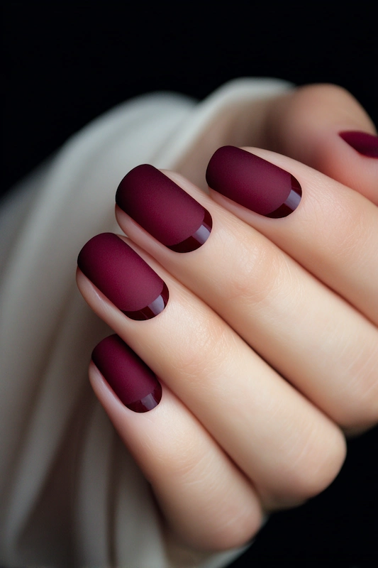 Close-up of a hand with short, square-shaped nails featuring a deep burgundy matte finish and glossy burgundy half-moon accents near the cuticles Close-up of a hand with short, square-shaped nails featuring a deep burgundy matte finish and glossy burgundy half-moon accents near the cuticles