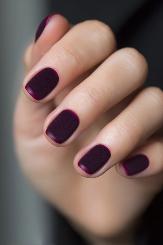 Close-up of a hand with short, square-shaped nails in a matte dark plum shade, featuring glossy magenta half-moon details at the base Close-up of a hand with short, square-shaped nails in a matte dark plum shade, featuring glossy magenta half-moon details at the base