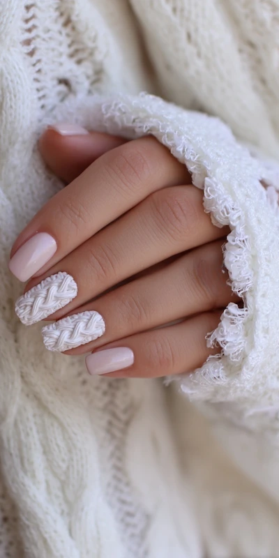 Close-up of a hand with soft pink and white sweater-textured nail art, resting on a cozy white knit sweater Close-up of a hand with soft pink and white sweater-textured nail art, resting on a cozy white knit sweater