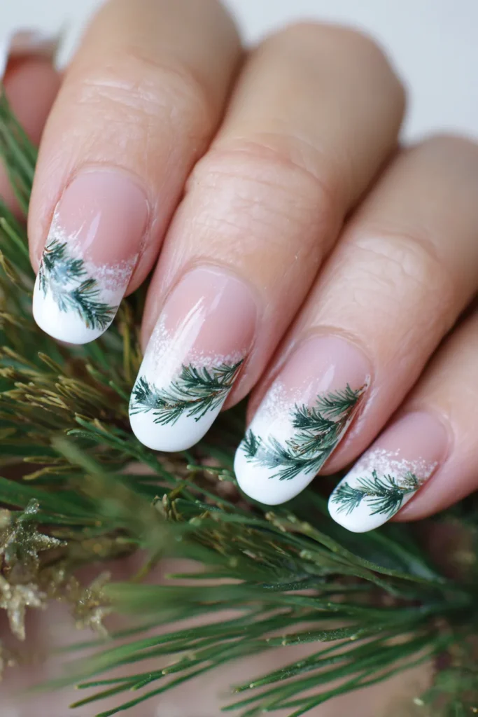 Close-up of fingernails with a winter-themed manicure featuring white tips and painted evergreen branches, held against real pine needles. Close-up of fingernails with a winter-themed manicure featuring white tips and painted evergreen branches, held against real pine needles.