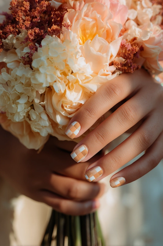 Hand holding a pastel bouquet with nails painted in a peach and white checkered pattern. Hand holding a pastel bouquet with nails painted in a peach and white checkered pattern.