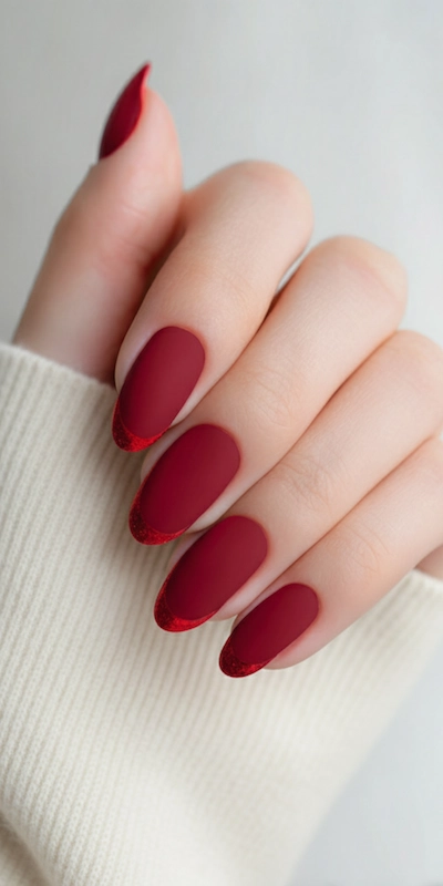 Hand with almond-shaped matte red nails featuring glossy deep red French tips, shown against a cream knit sleeve Hand with almond-shaped matte red nails featuring glossy deep red French tips, shown against a cream knit sleeve