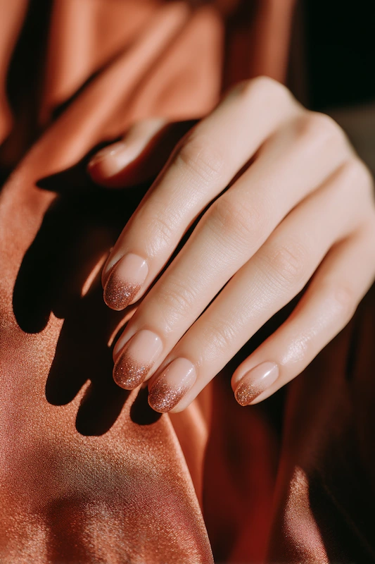 Hand with nails featuring a Copper Ombré Glitter Fade from the Tip, resting on copper satin fabric. Hand with nails featuring a Copper Ombré Glitter Fade from the Tip, resting on copper satin fabric.