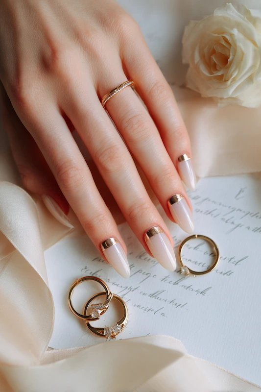 Sheer nude almond nails with Brushed Copper Chrome Crescents Sheer nude almond nails with Brushed Copper Chrome Crescents