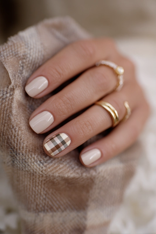 Soft beige nails with a single plaid accent on the ring finger Soft beige nails with a single plaid accent on the ring finger
