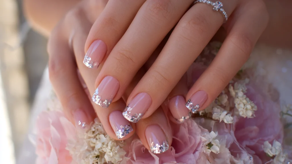 Close-up of hands with pink nails featuring silver glitter tips, resting on a bouquet of pale pink and white flowers