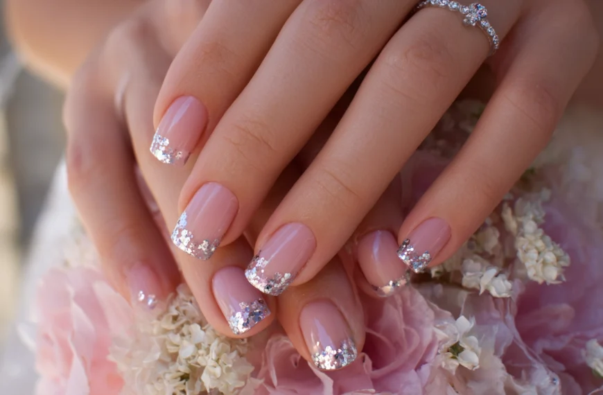 Wedding Advice 5 Close-up of hands with pink nails featuring silver glitter tips, resting on a bouquet of pale pink and white flowers
