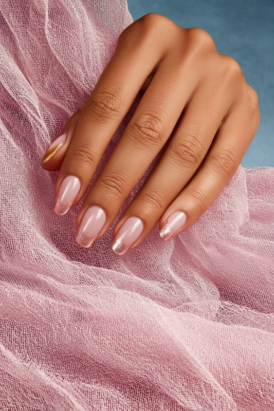 soft blush nails with a warm amber chrome fade at the tips and one full amber accent nail for subtle bridal glam soft blush nails with a warm amber chrome fade at the tips and one full amber accent nail for subtle bridal glam