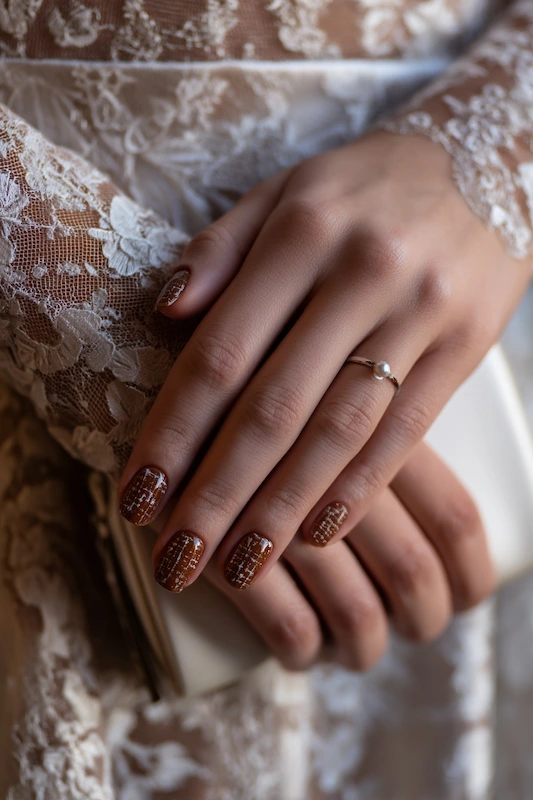 warm chestnut nails with a chic cream tweed pattern, perfect for an elegant and cozy bridal look warm chestnut nails with a chic cream tweed pattern, perfect for an elegant and cozy bridal look