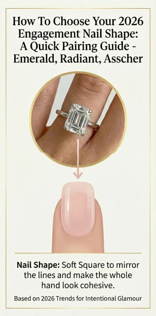 Beyond the Almond: The 2026 Engagement Nail Trends Defining "Intentional Glamour" 9 2026 engagement nail shape guide pairing emerald radiant and Asscher cut diamond ring with soft square nail shape