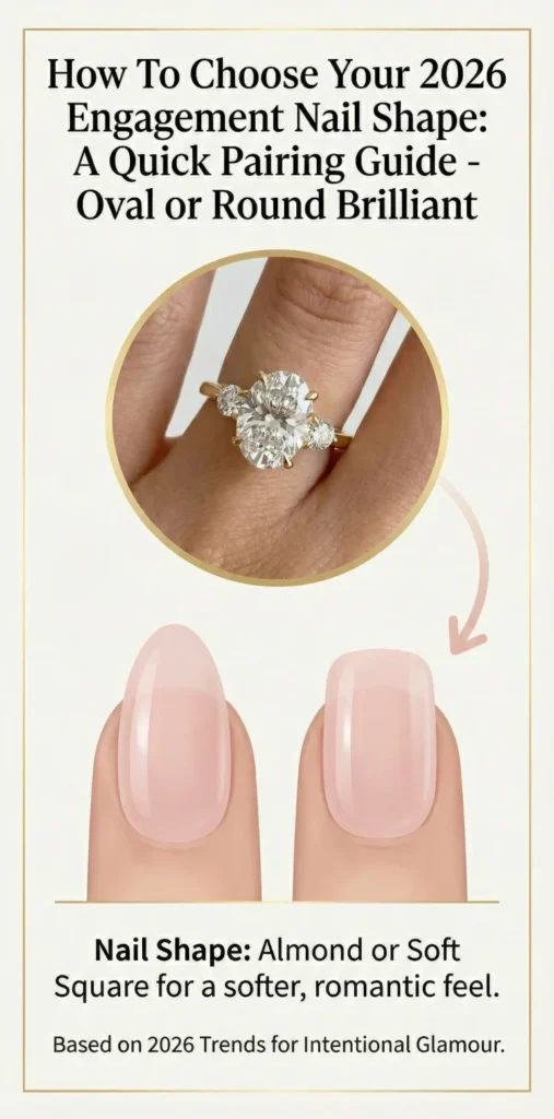 Beyond the Almond: The 2026 Engagement Nail Trends Defining "Intentional Glamour" 8 2026 engagement nail shape guide showing oval and soft square nails paired with round brilliant diamond ring
