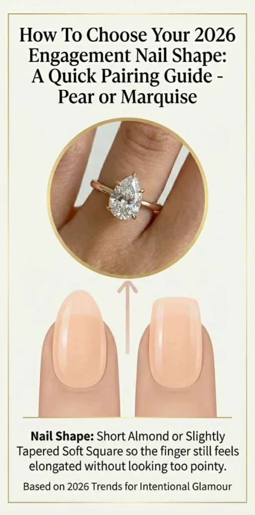 Beyond the Almond: The 2026 Engagement Nail Trends Defining "Intentional Glamour" 10 2026 engagement nail shape guide featuring pear and marquise diamond ring paired with short almond and tapered soft square nails