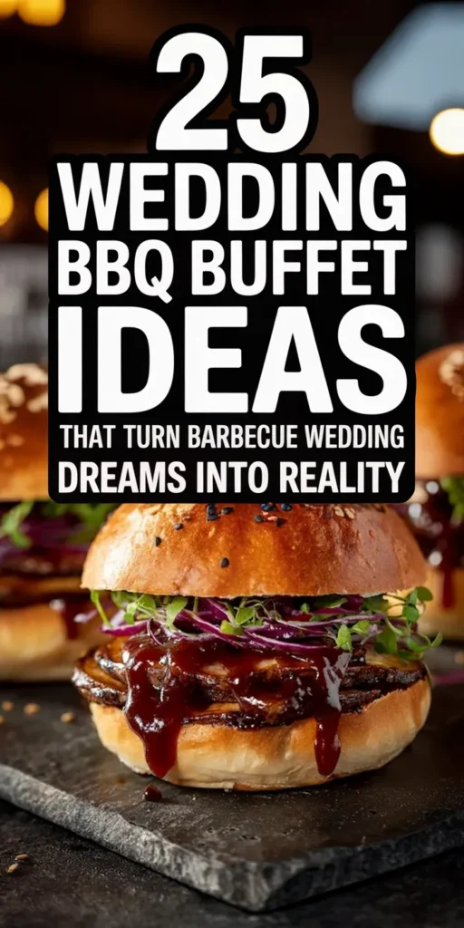 25 Wedding BBQ Buffet Ideas That Instantly Upgrade Your Reception 1 A close-up image of a barbecue slider topped with sauce and greens, with a text overlay reading "25 Wedding BBQ Buffet Ideas That Turn Barbecue Wedding Dreams Into Reality."