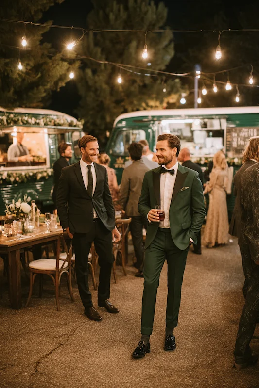 25 Wedding BBQ Buffet Ideas That Instantly Upgrade Your Reception 24 Night wedding food truck scene with string lights; guests in suits mingle while a man in a green tux walks by near rustic tables